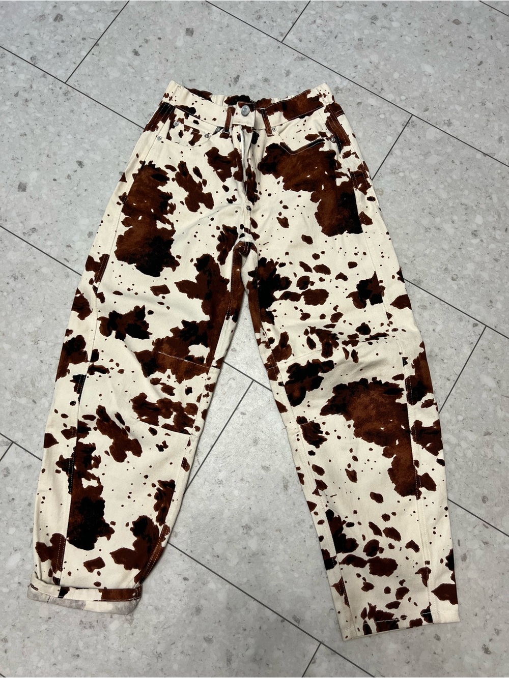 Juniors Cow Print Canvas Barrel Leg Pants - Brown & Cream